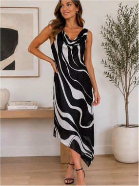 Jessica Black & White Asymmetric Cowl-Neck Dress Size 6 Wedding Resortwear